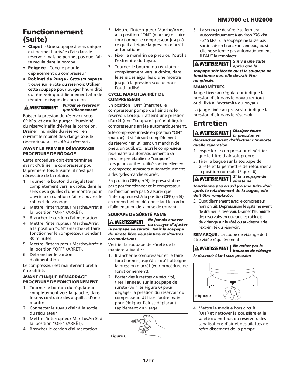 Entretien, Functionnement (suite) | Campbell Hausfeld HM7000 User Manual | Page 13 / 24