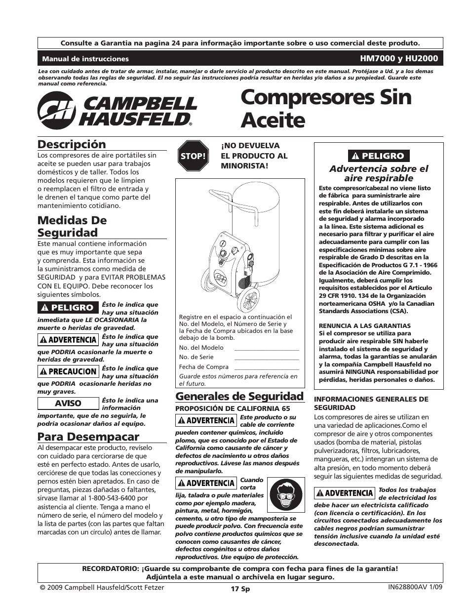 Compresores sin aceite, Descripción, Medidas de seguridad | Para desempacar, Generales de seguridad, Advertencia sobre el aire respirable | Campbell Hausfeld HM7000 User Manual | Page 17 / 24
