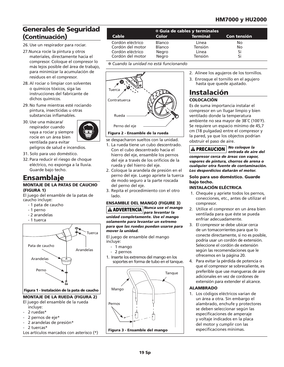 Ensamblaje, Instalación, Generales de seguridad | Continuación | Campbell Hausfeld HM7000 User Manual | Page 19 / 24