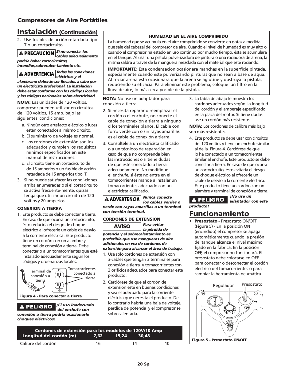 Funcionamiento, Instalación, Compresores de aire portátiles | Continuación) | Campbell Hausfeld HM7000 User Manual | Page 20 / 24