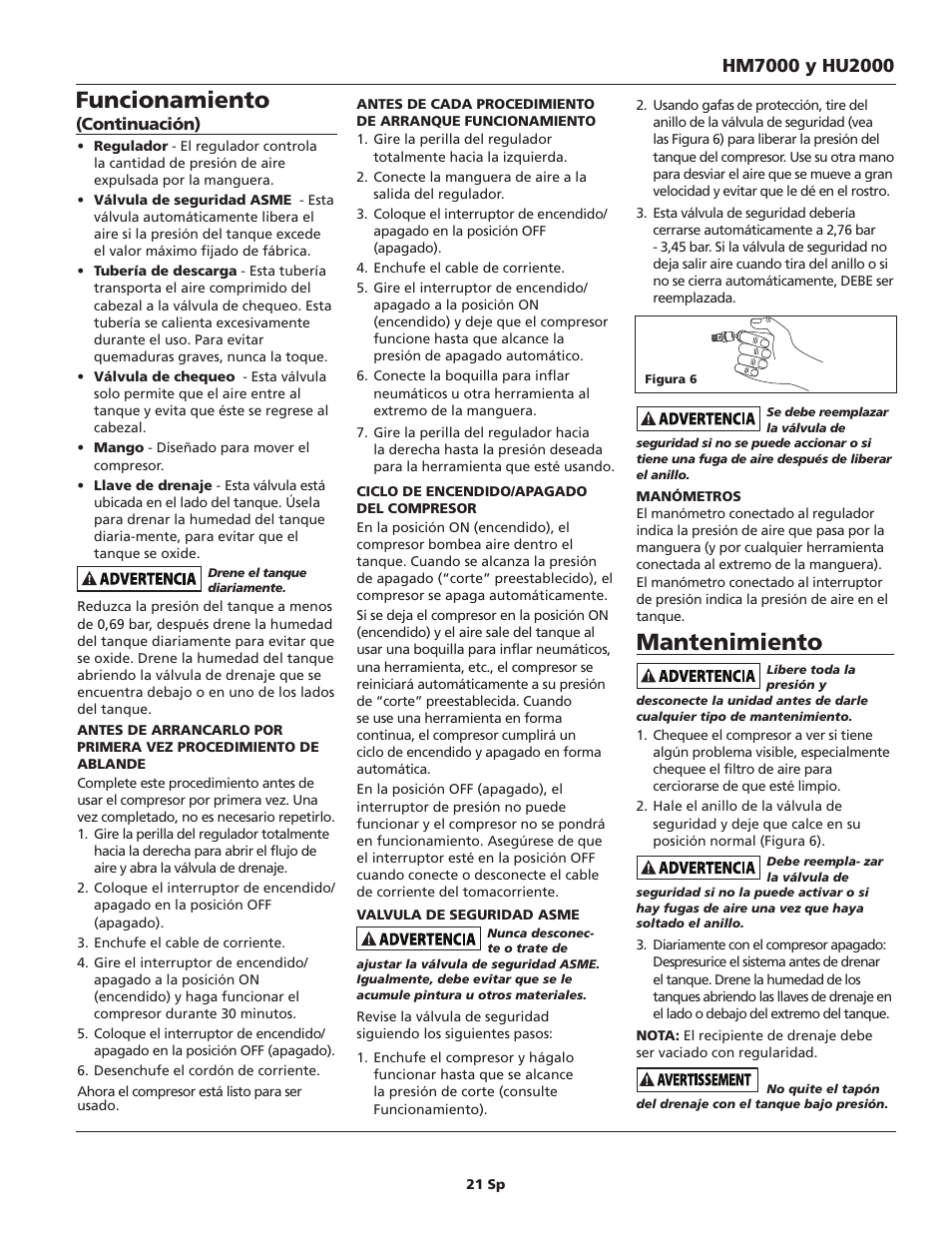 Mantenimiento, Funcionamiento | Campbell Hausfeld HM7000 User Manual | Page 21 / 24