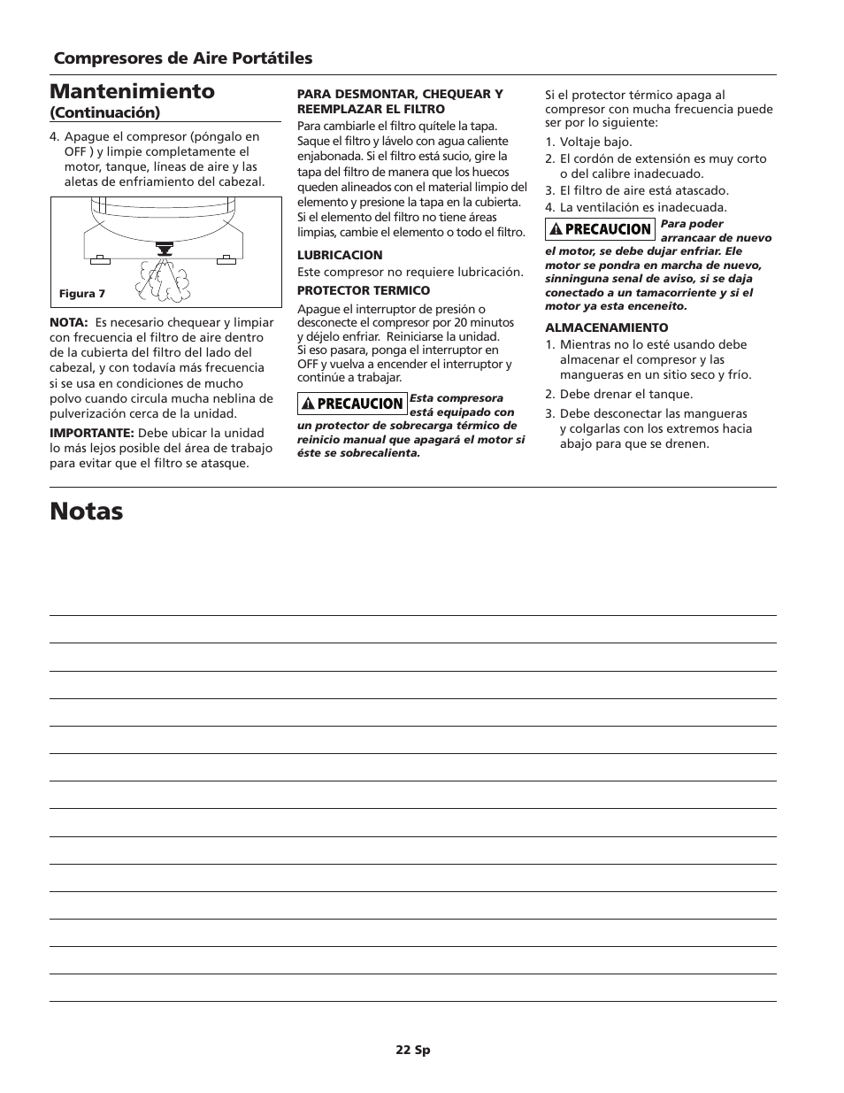 Notas, Mantenimiento, Compresores de aire portátiles | Campbell Hausfeld HM7000 User Manual | Page 22 / 24