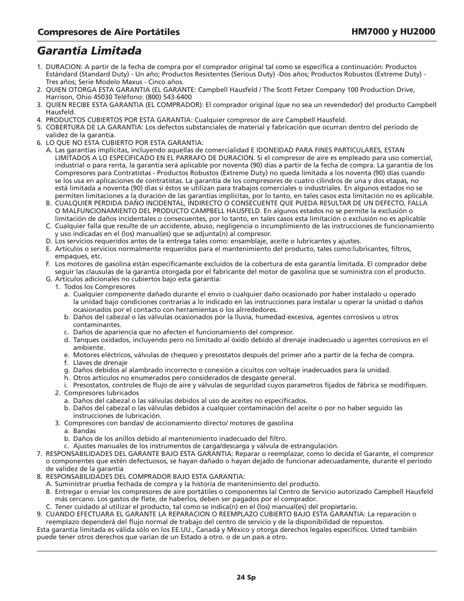 Garantía limitada | Campbell Hausfeld HM7000 User Manual | Page 24 / 24