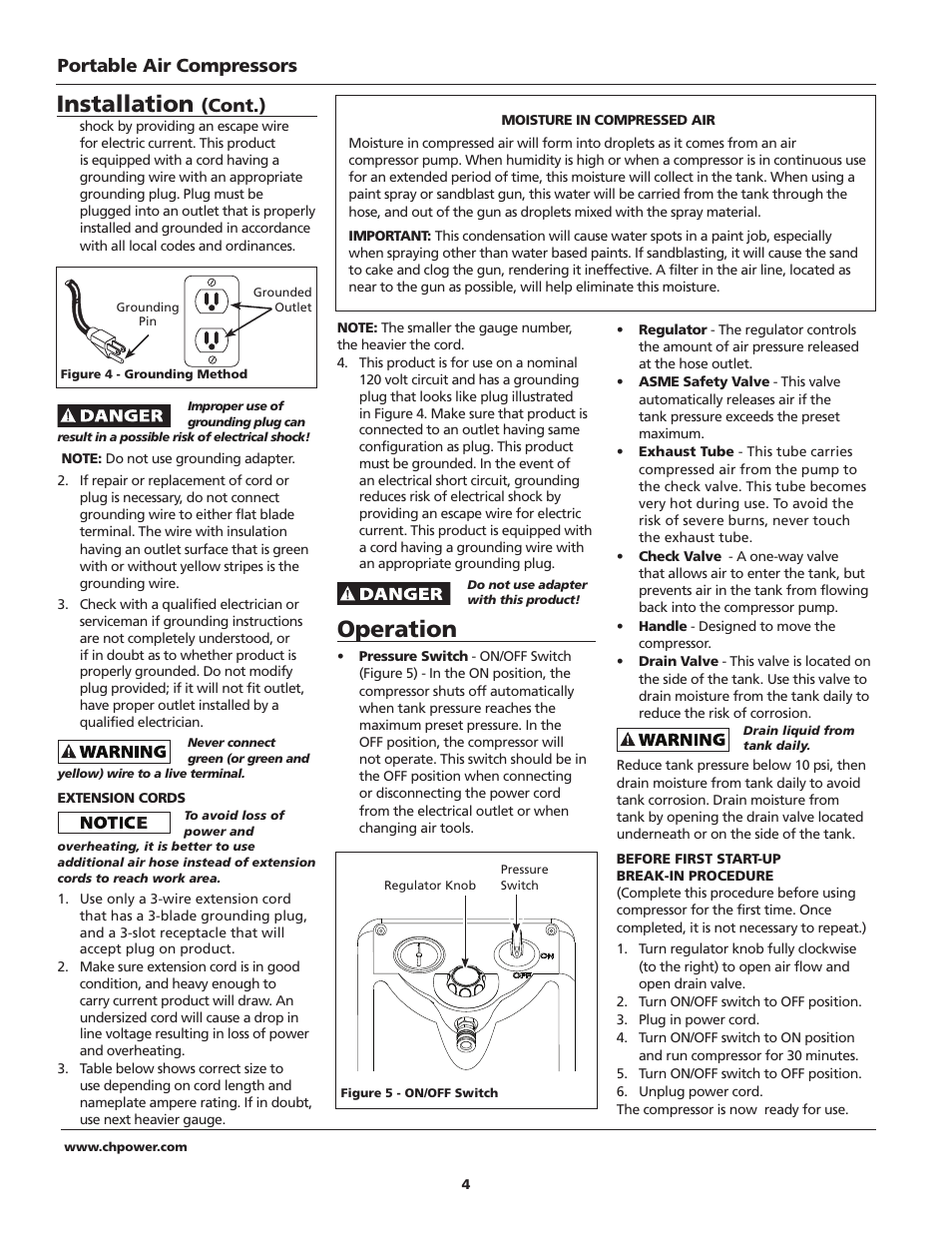 Operation, Installation, Portable air compressors | Cont.) | Campbell Hausfeld HM7000 User Manual | Page 4 / 24