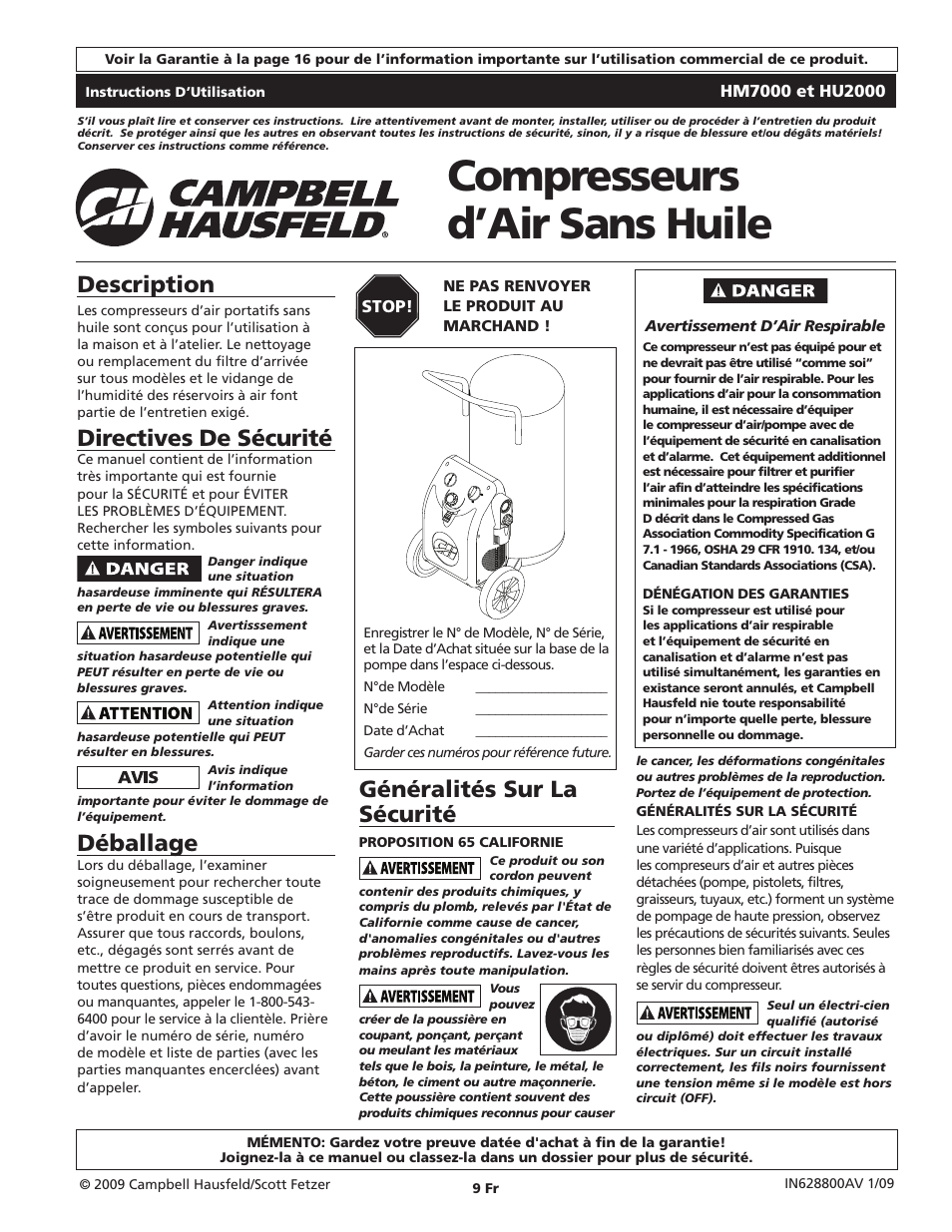 Compresseurs d’air sans huile, Description, Directives de sécurité | Déballage, Généralités sur la sécurité | Campbell Hausfeld HM7000 User Manual | Page 9 / 24