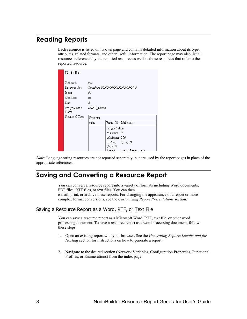 Reading reports, Saving and converting a resource report | Echelon NodeBuilder Resource Report Generator User Manual | Page 10 / 52