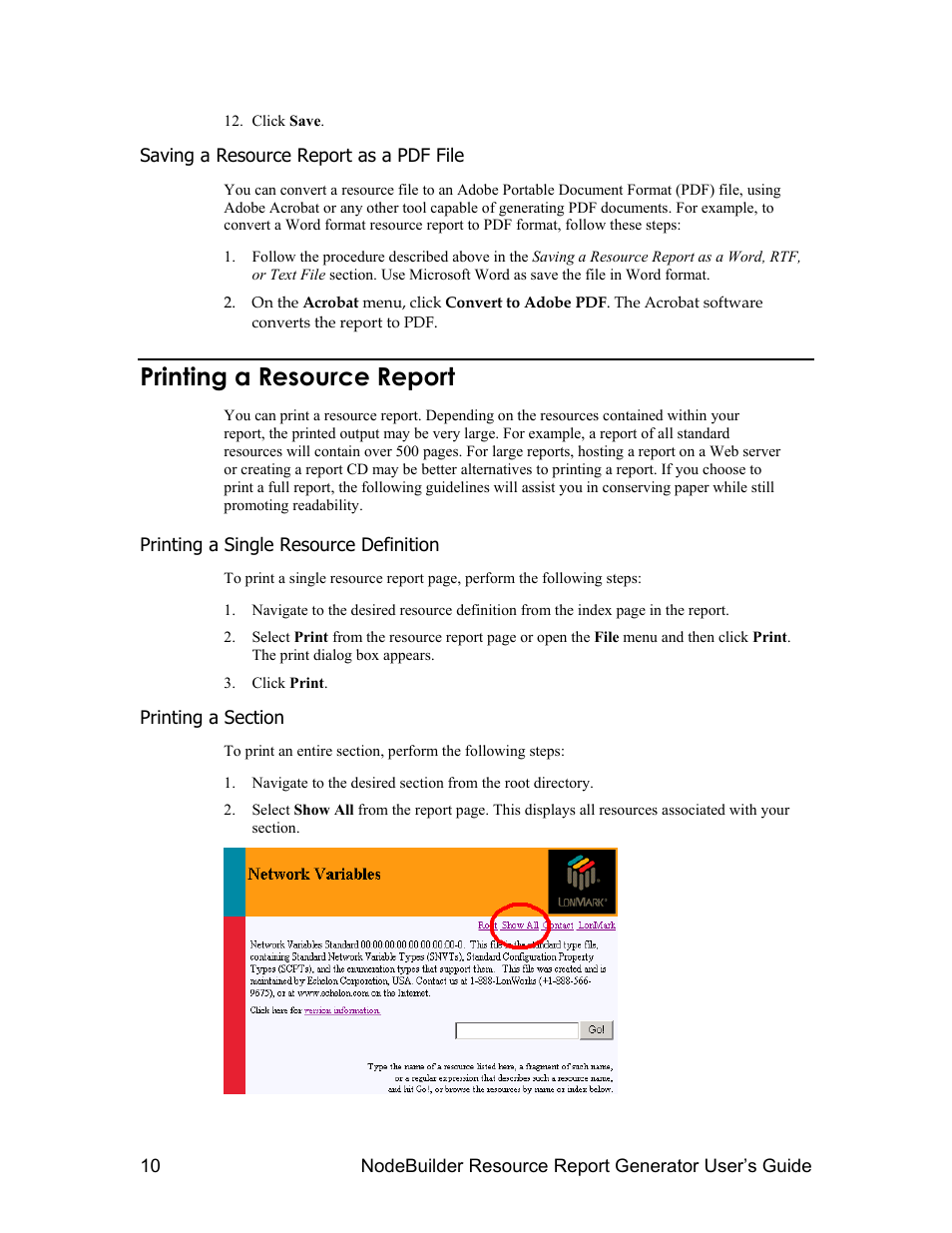 Saving a resource report as a pdf file, Printing a resource report, Printing a single resource definition | Printing a section | Echelon NodeBuilder Resource Report Generator User Manual | Page 12 / 52