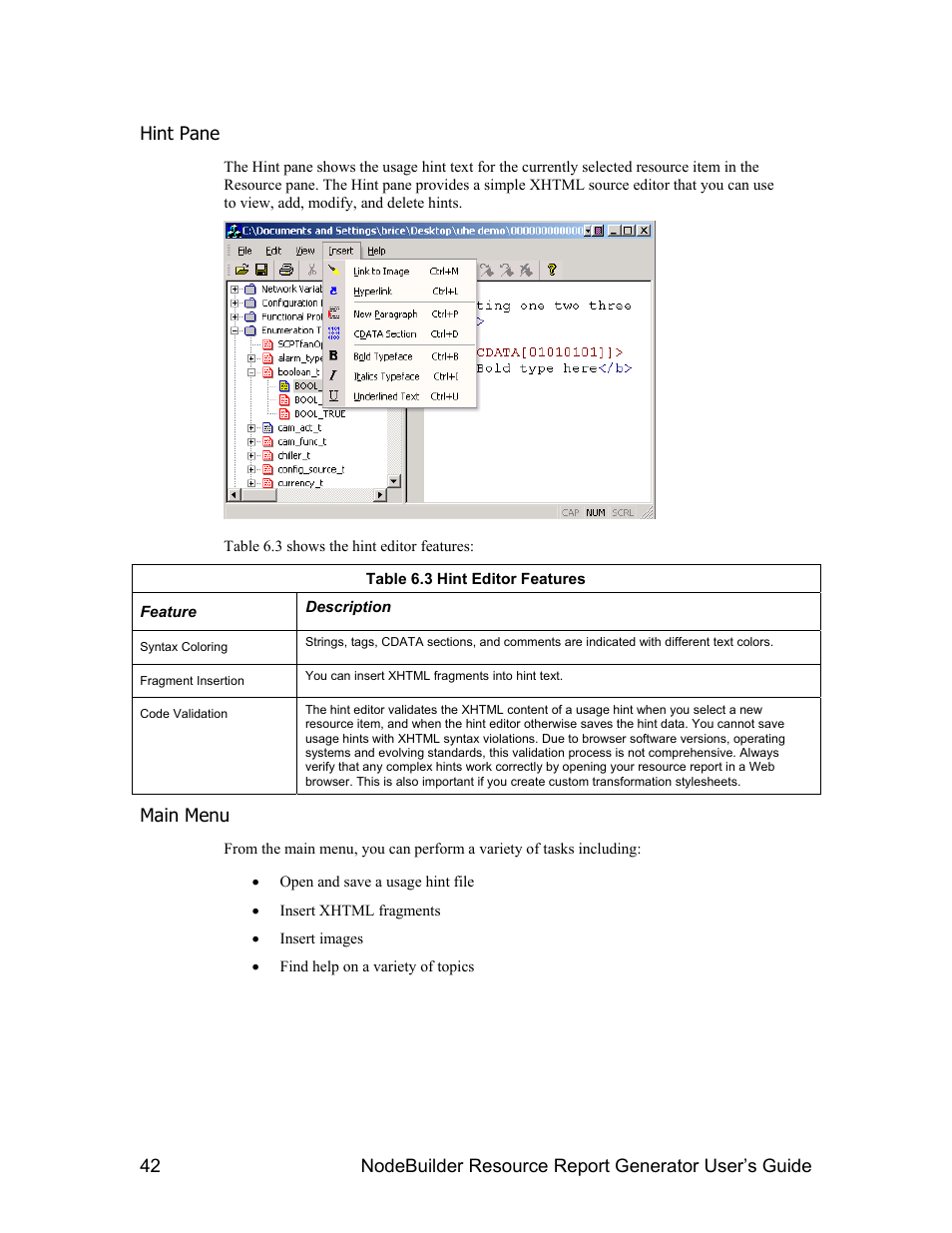 Hint pane, Main menu | Echelon NodeBuilder Resource Report Generator User Manual | Page 44 / 52