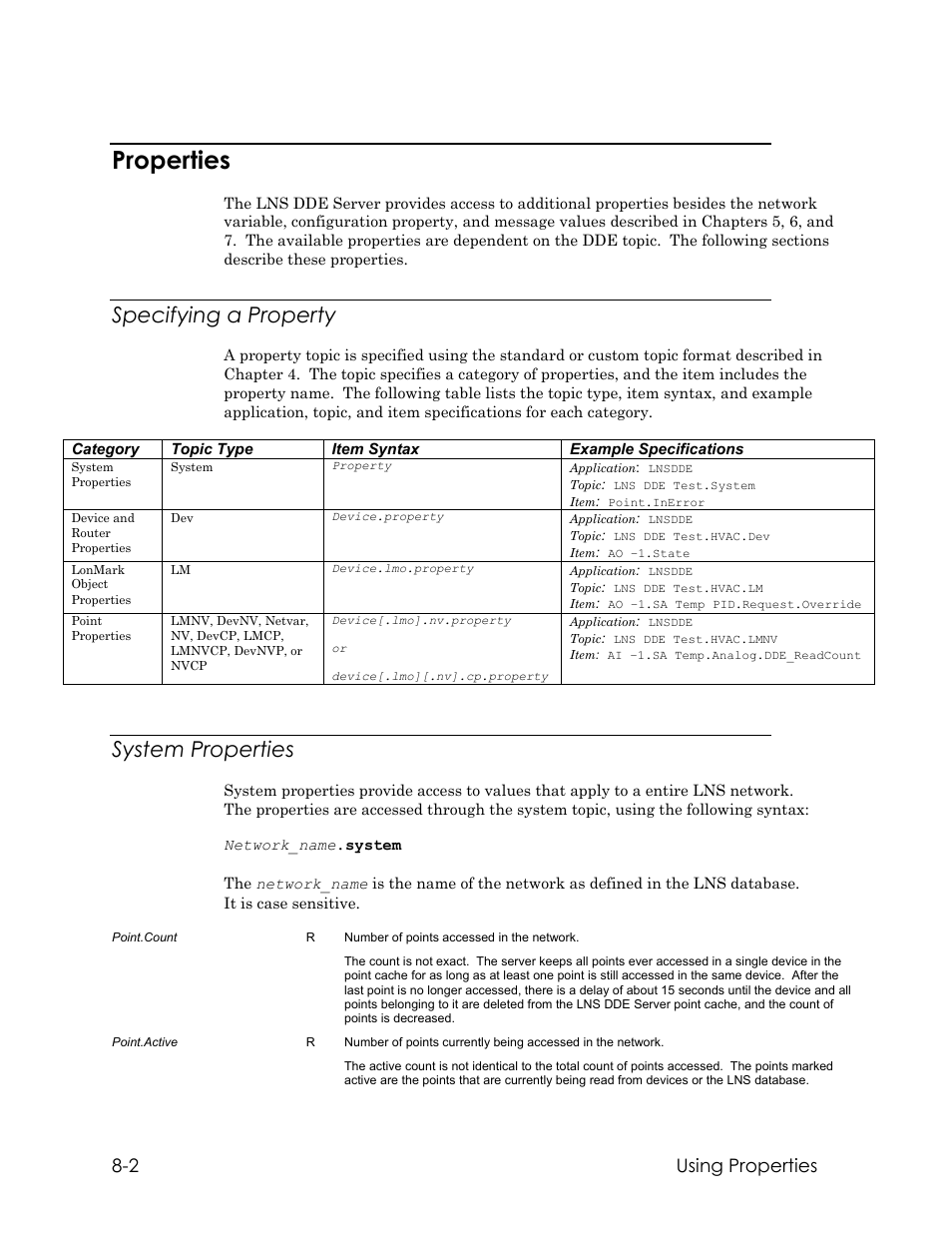 Properties, Specifying a property, System properties | 2 using properties | Echelon LNS DDE Server User Manual | Page 106 / 160