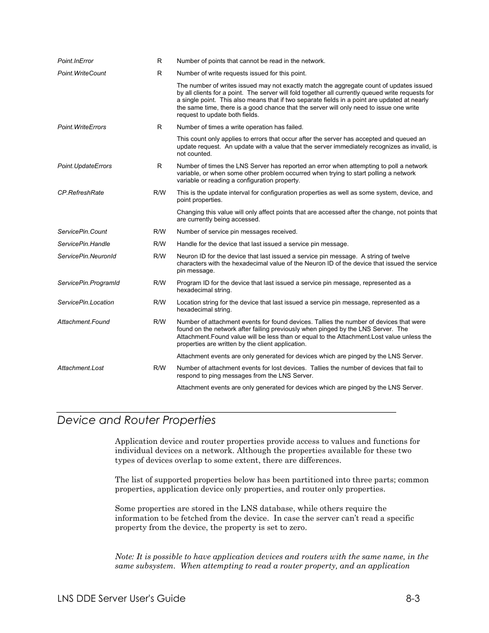 Device and router properties, Lns dde server user's guide 8-3 | Echelon LNS DDE Server User Manual | Page 107 / 160