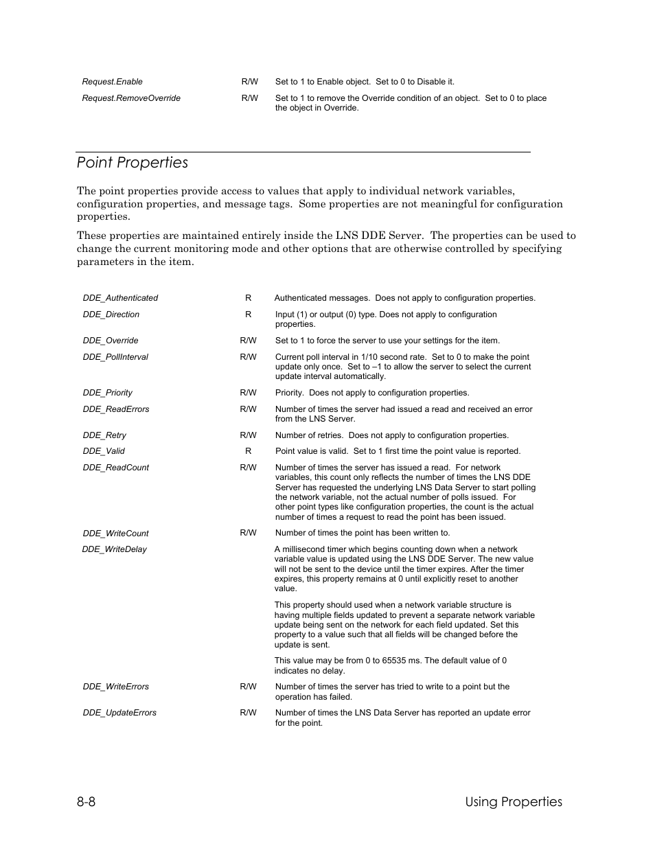 Point properties, 8 using properties | Echelon LNS DDE Server User Manual | Page 112 / 160