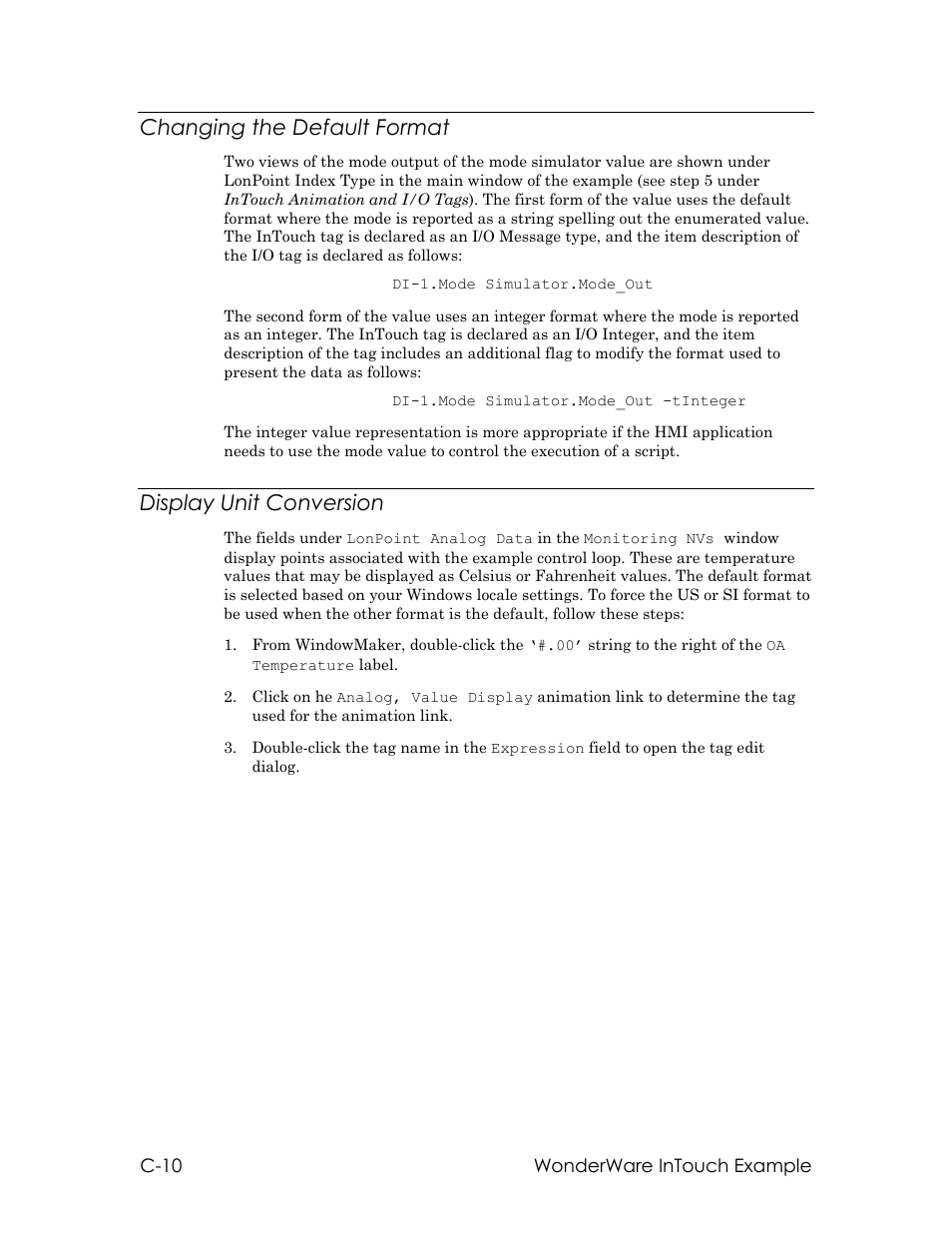 Changing the default format, Display unit conversion | Echelon LNS DDE Server User Manual | Page 136 / 160