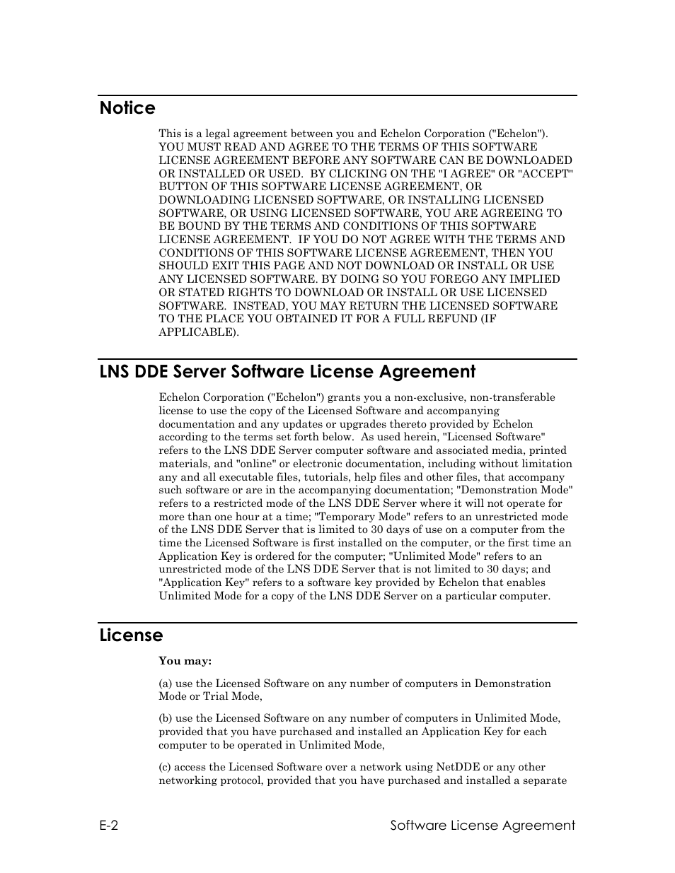 Notice, Lns dde server software license agreement, License | Echelon LNS DDE Server User Manual | Page 148 / 160