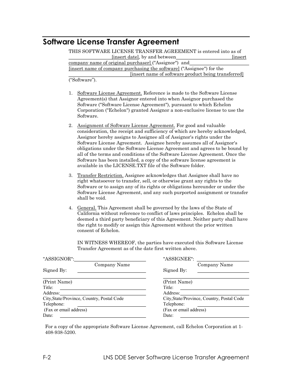 Software license transfer agreement | Echelon LNS DDE Server User Manual | Page 154 / 160