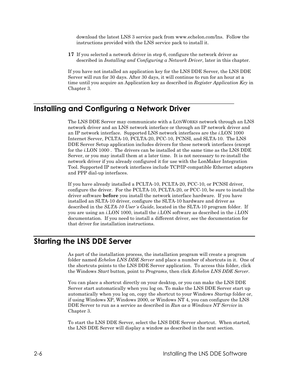 Installing and configuring a network driver, Starting the lns dde server | Echelon LNS DDE Server User Manual | Page 22 / 160