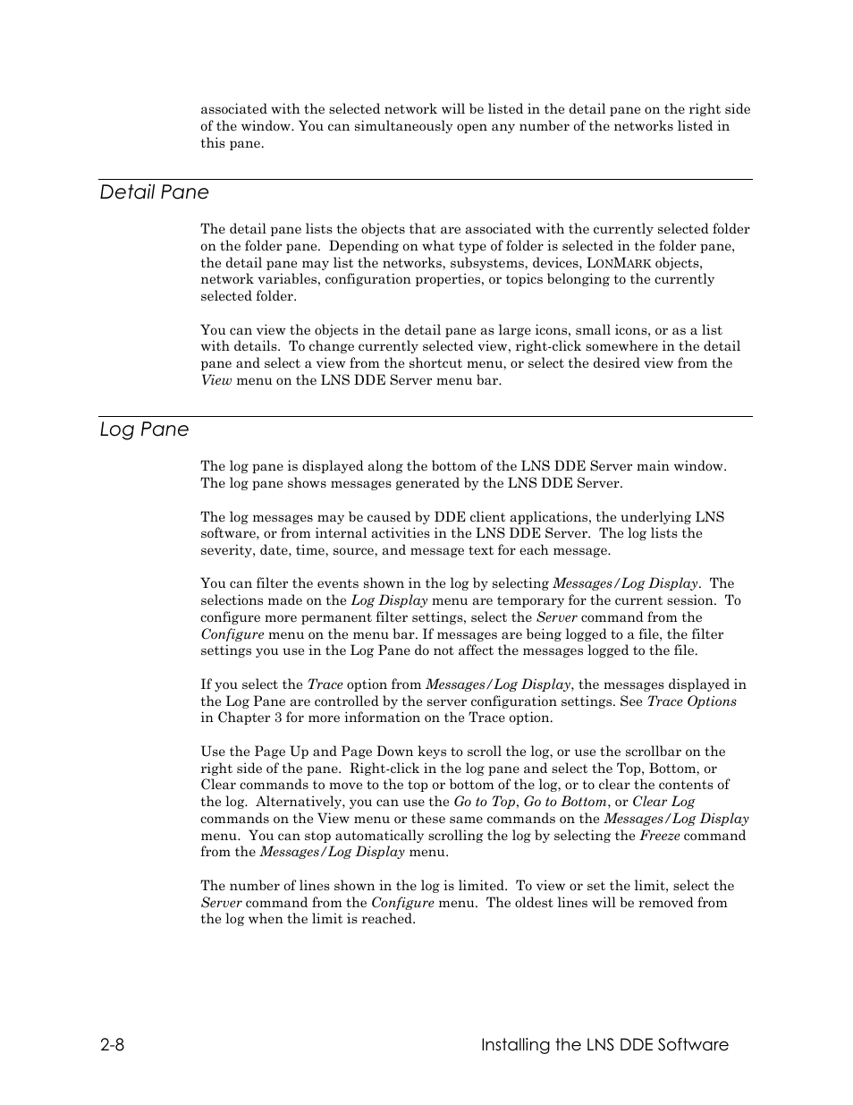 Detail pane, Log pane | Echelon LNS DDE Server User Manual | Page 24 / 160
