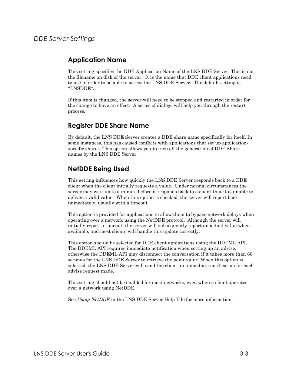 Dde server settings, Application name, Register dde share name | Netdde being used, Dde server settings application name | Echelon LNS DDE Server User Manual | Page 35 / 160
