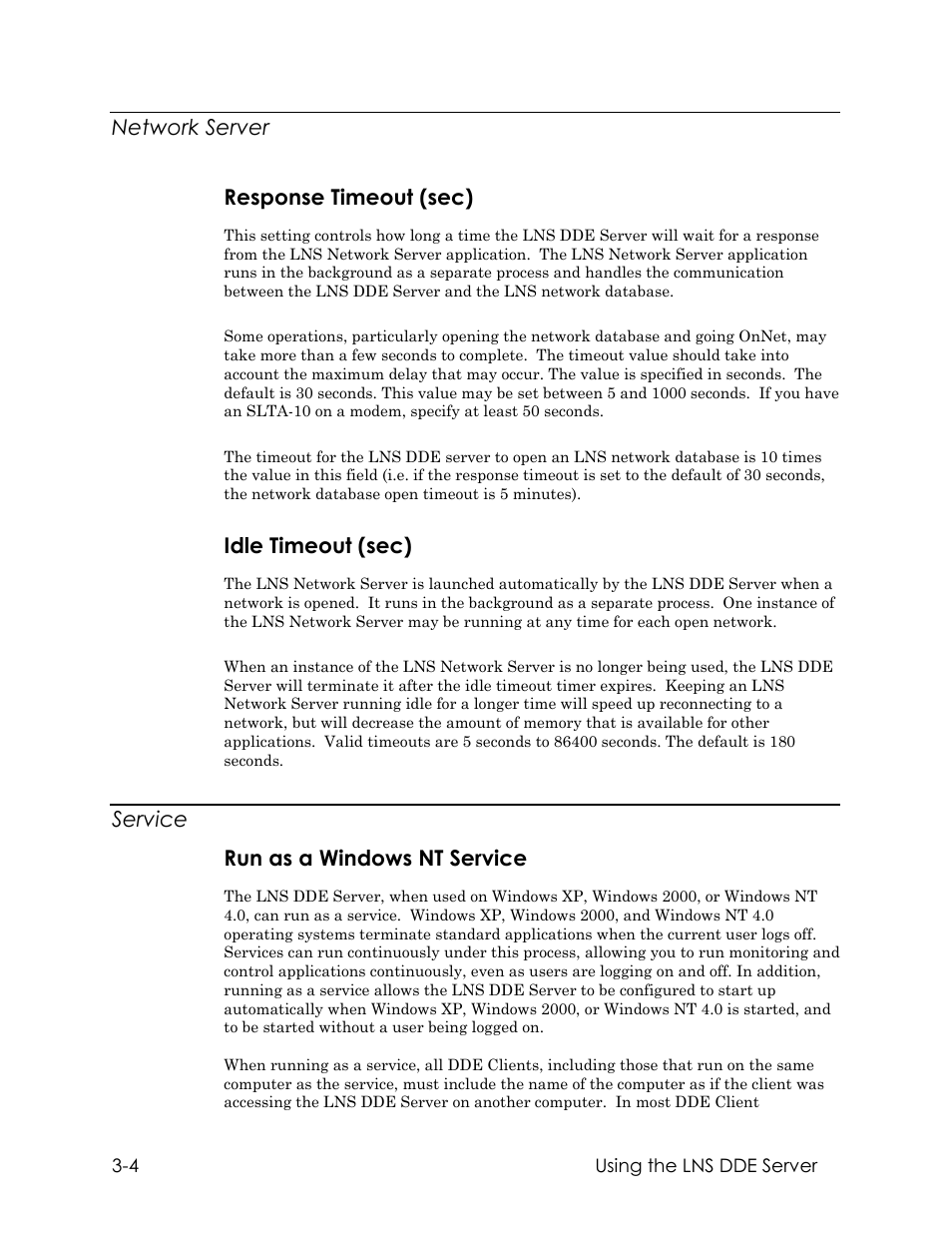 Network server, Response timeout (sec), Idle timeout (sec) | Service, Run as a windows nt service, Network server response timeout (sec), Service run as a windows nt service | Echelon LNS DDE Server User Manual | Page 36 / 160