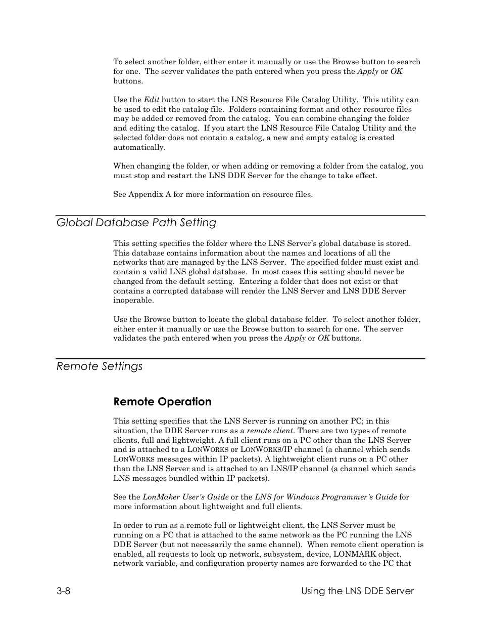 Global database path setting, Remote settings, Remote operation | Remote settings remote operation | Echelon LNS DDE Server User Manual | Page 40 / 160