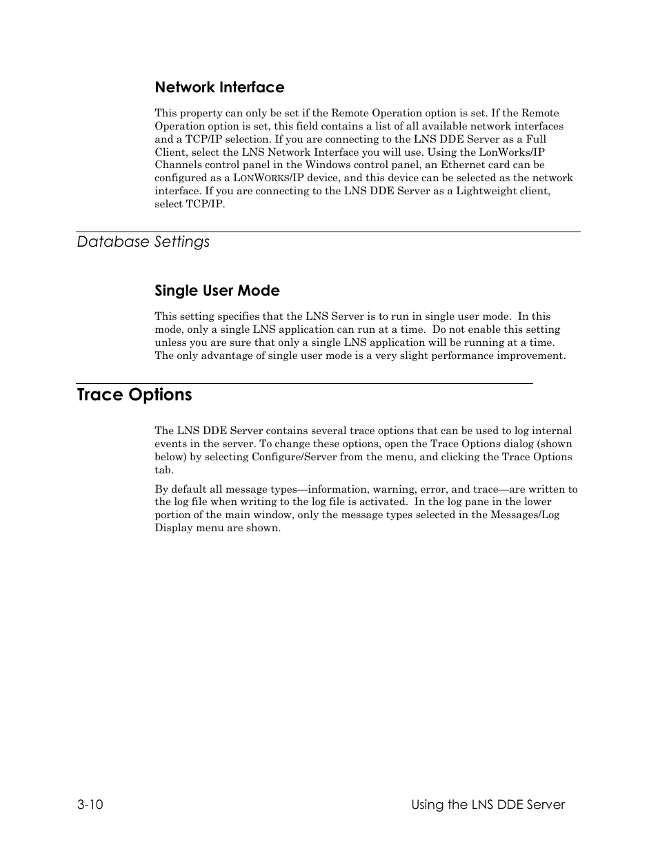 Network interface, Database settings, Single user mode | Trace options, Database settings single user mode | Echelon LNS DDE Server User Manual | Page 42 / 160