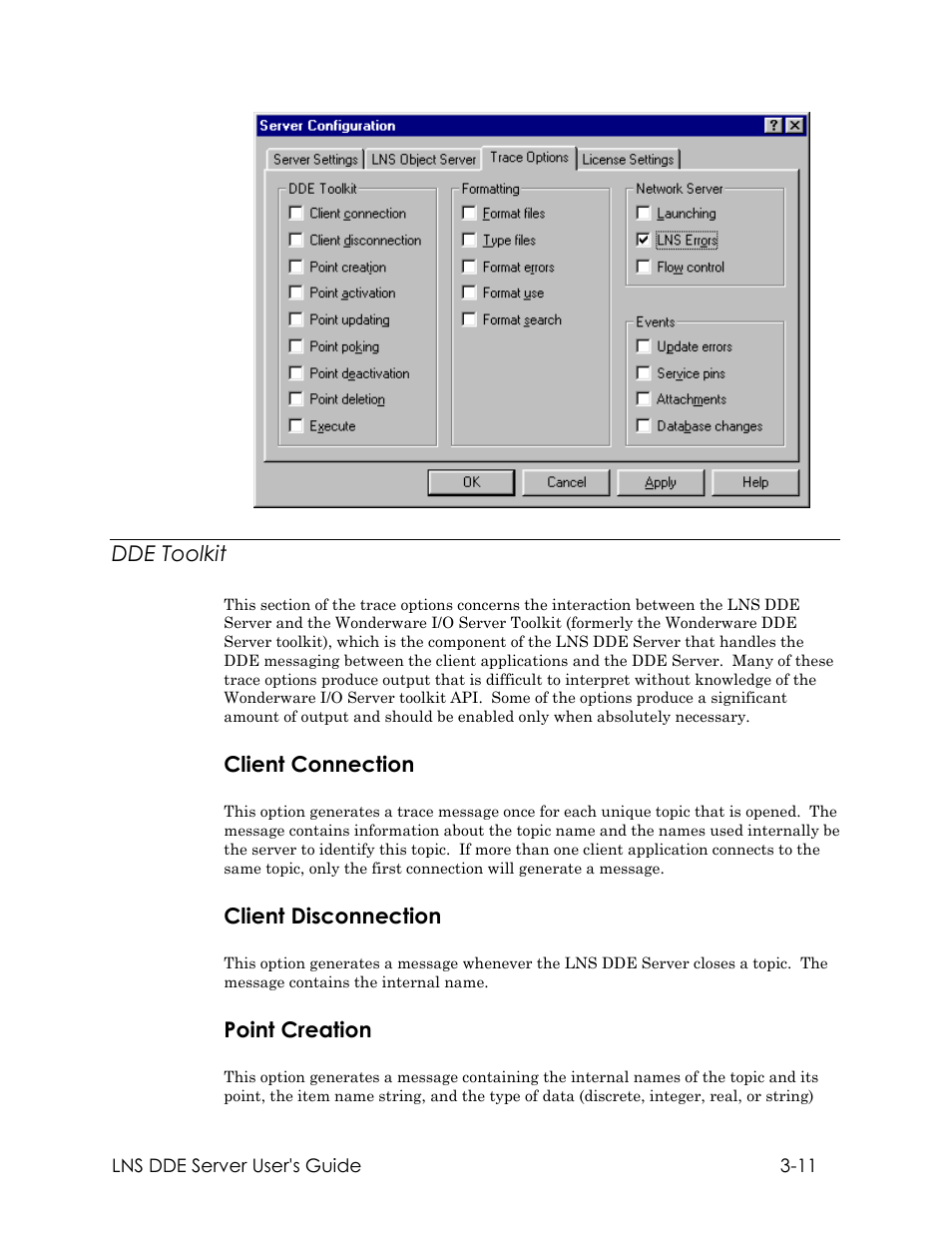 Dde toolkit, Client connection, Client disconnection | Point creation | Echelon LNS DDE Server User Manual | Page 43 / 160