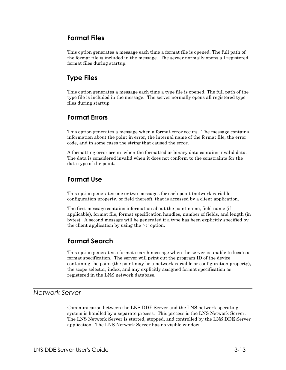 Format files, Type files, Format errors | Format use, Format search, Network server | Echelon LNS DDE Server User Manual | Page 45 / 160