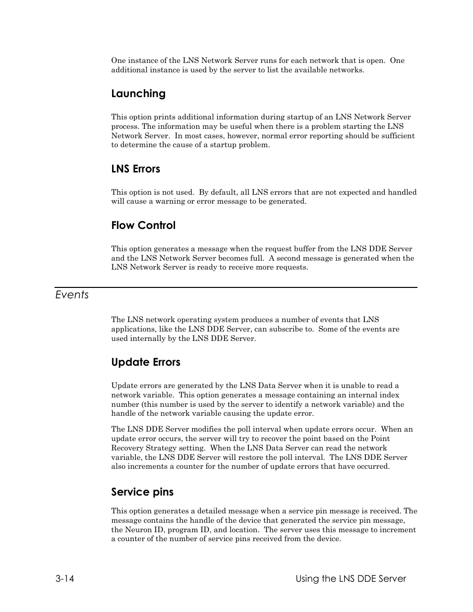 Launching, Lns errors, Flow control | Events, Update errors, Service pins | Echelon LNS DDE Server User Manual | Page 46 / 160