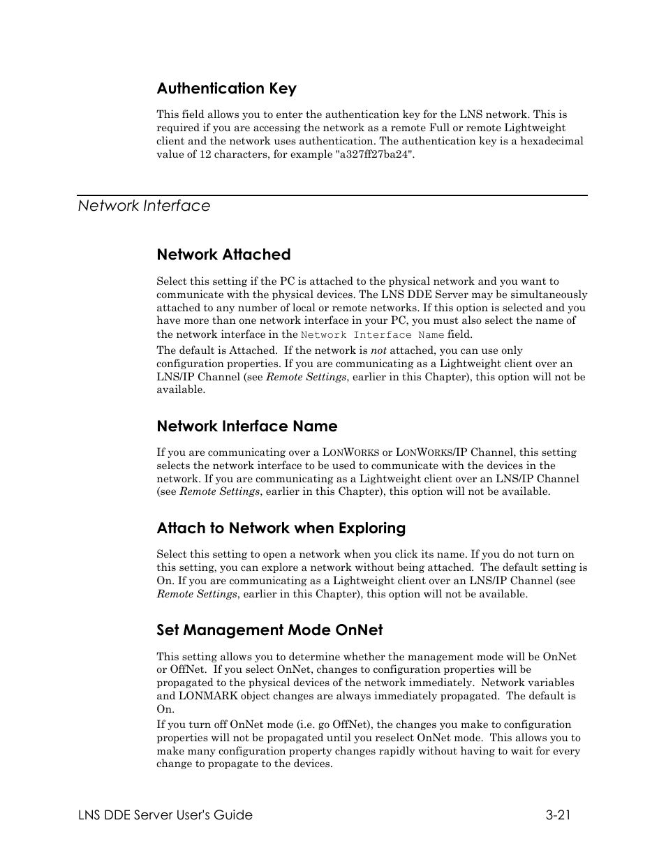 Authentication key, Network interface, Network attached | Network interface name, Attach to network when exploring, Set management mode onnet, Network interface network attached | Echelon LNS DDE Server User Manual | Page 53 / 160