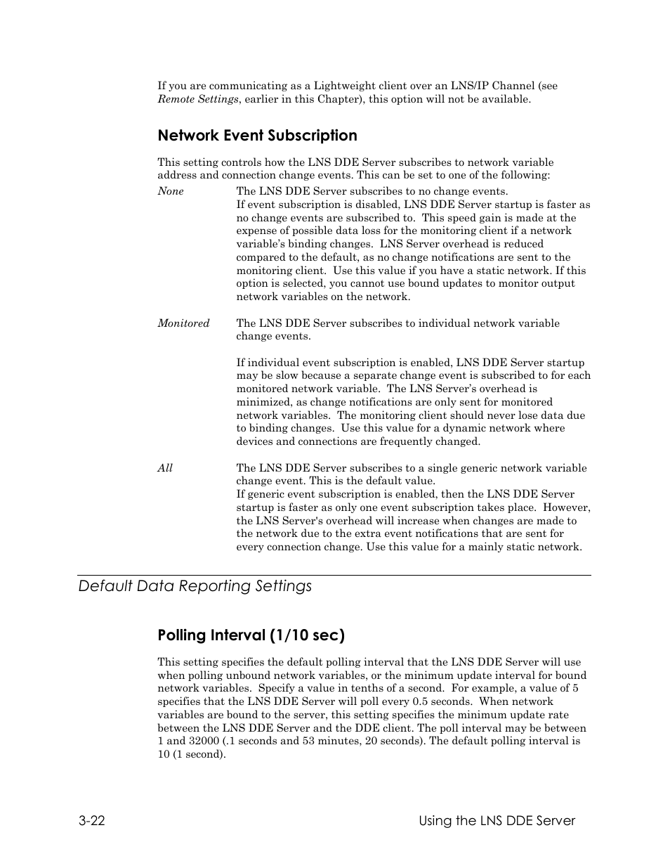 Network event subscription, Default data reporting settings, Polling interval (1/10 sec) | Echelon LNS DDE Server User Manual | Page 54 / 160