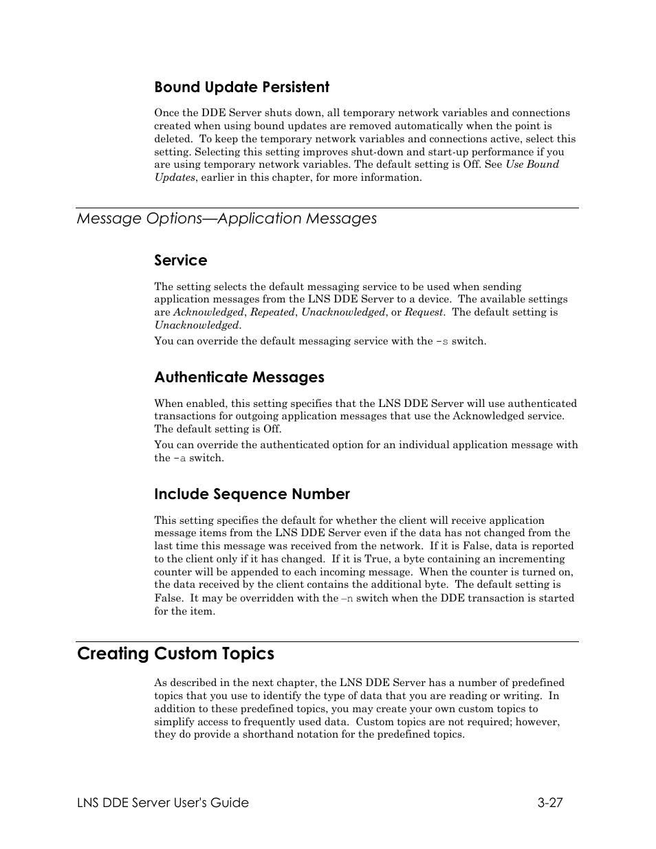 Bound update persistent, Message options—application messages, Service | Authenticate messages, Include sequence number, Creating custom topics, Message options—application messages service | Echelon LNS DDE Server User Manual | Page 59 / 160