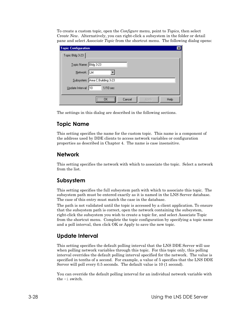 Topic name, Network, Subsystem | Update interval | Echelon LNS DDE Server User Manual | Page 60 / 160