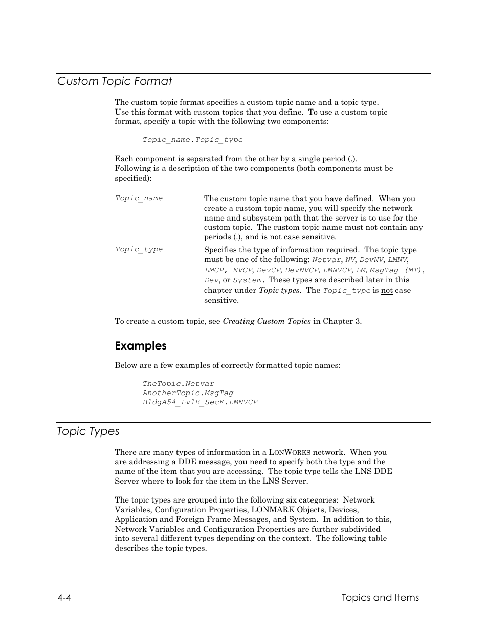 Custom topic format, Examples, Topic types | Echelon LNS DDE Server User Manual | Page 66 / 160