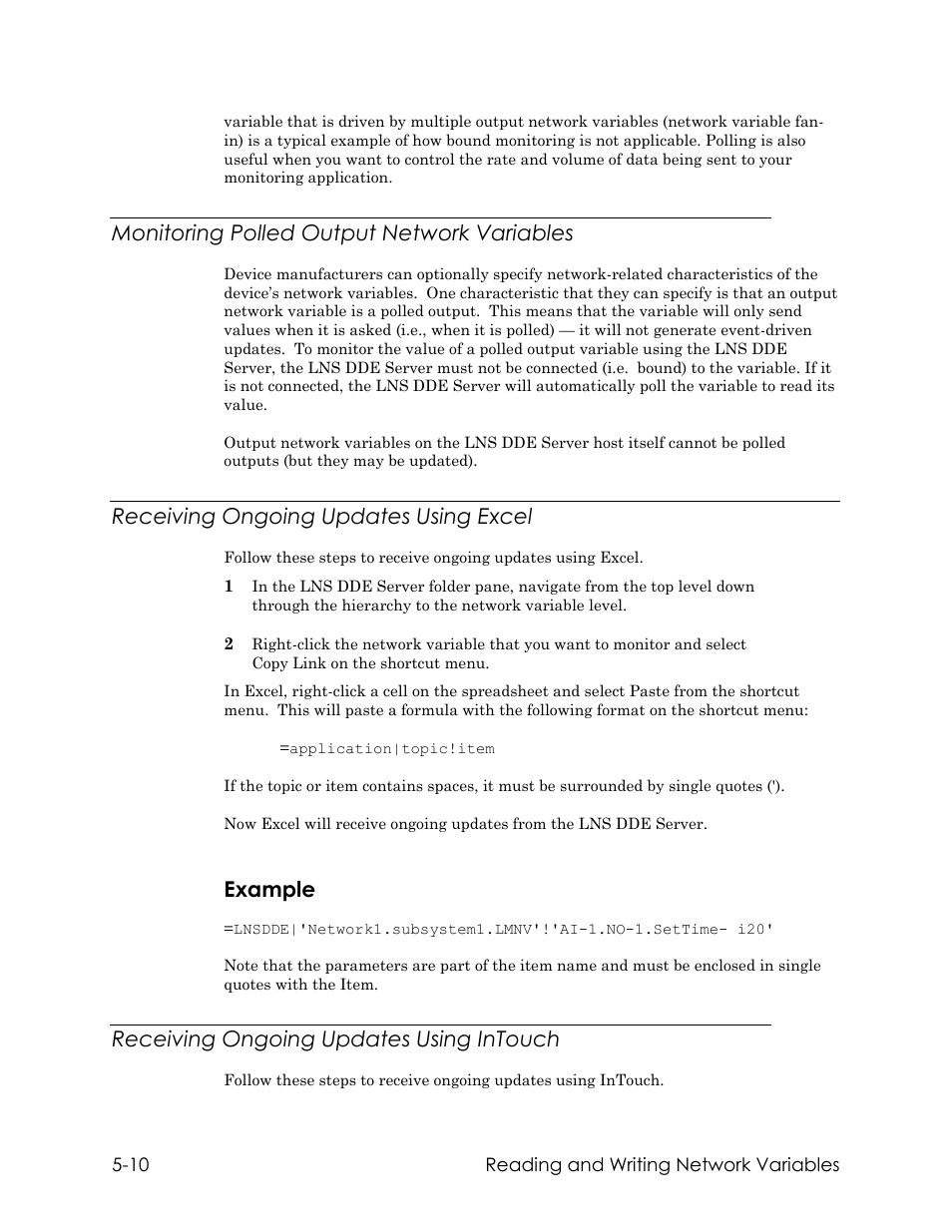 Monitoring polled output network variables, Receiving ongoing updates using excel, Example | Receiving ongoing updates using intouch | Echelon LNS DDE Server User Manual | Page 80 / 160