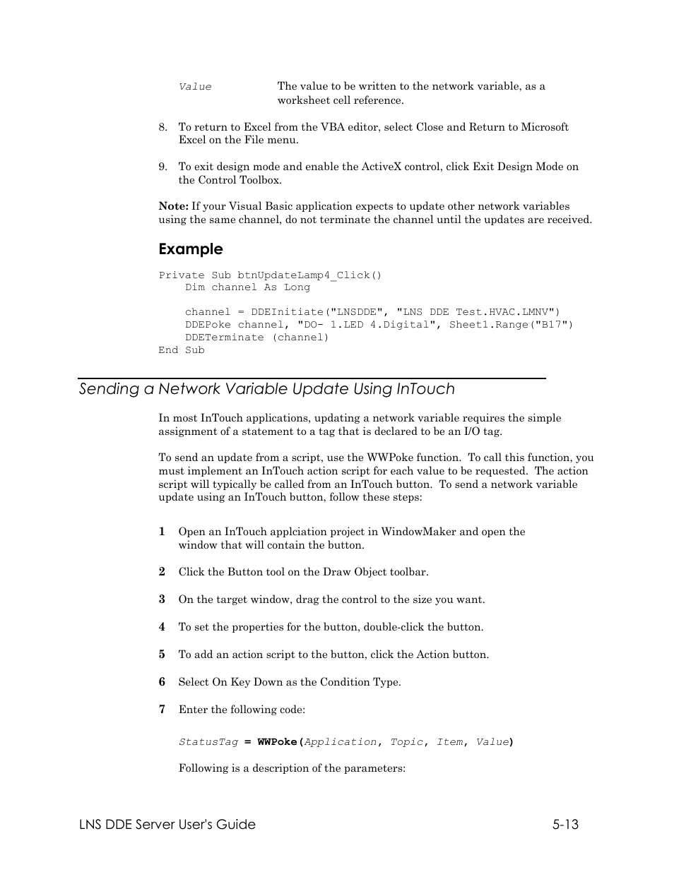 Example, Sending a network variable update using intouch | Echelon LNS DDE Server User Manual | Page 83 / 160