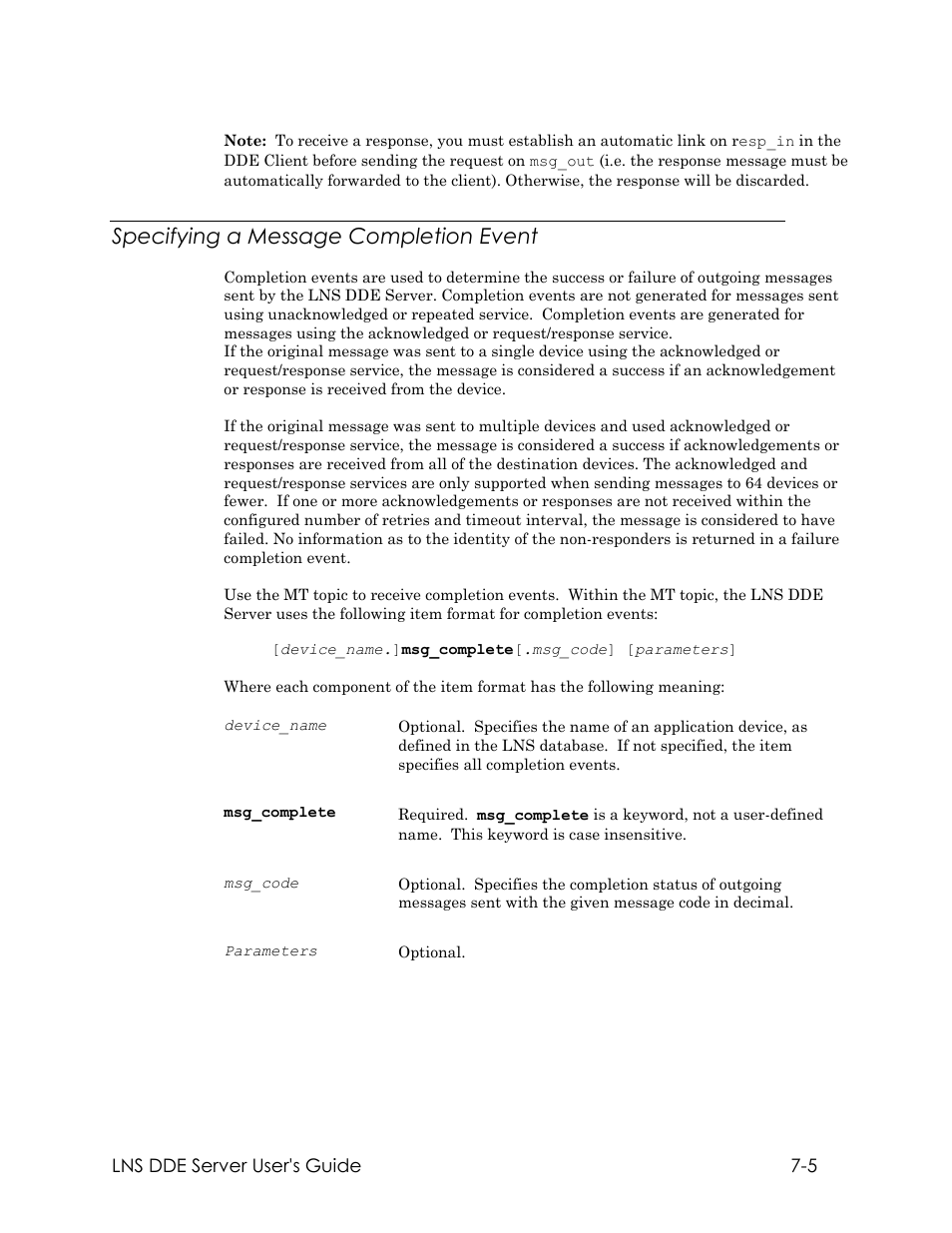 Specifying a message completion event | Echelon LNS DDE Server User Manual | Page 97 / 160