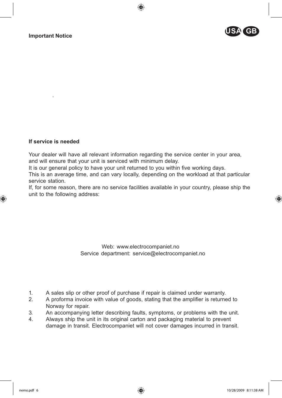 Gb usa 5 | Electrocompaniet NEMO User Manual | Page 7 / 20