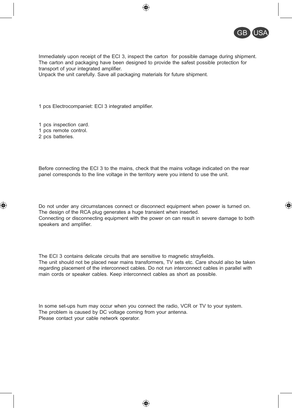 Gb usa | Electrocompaniet ECI 3 User Manual | Page 2 / 40