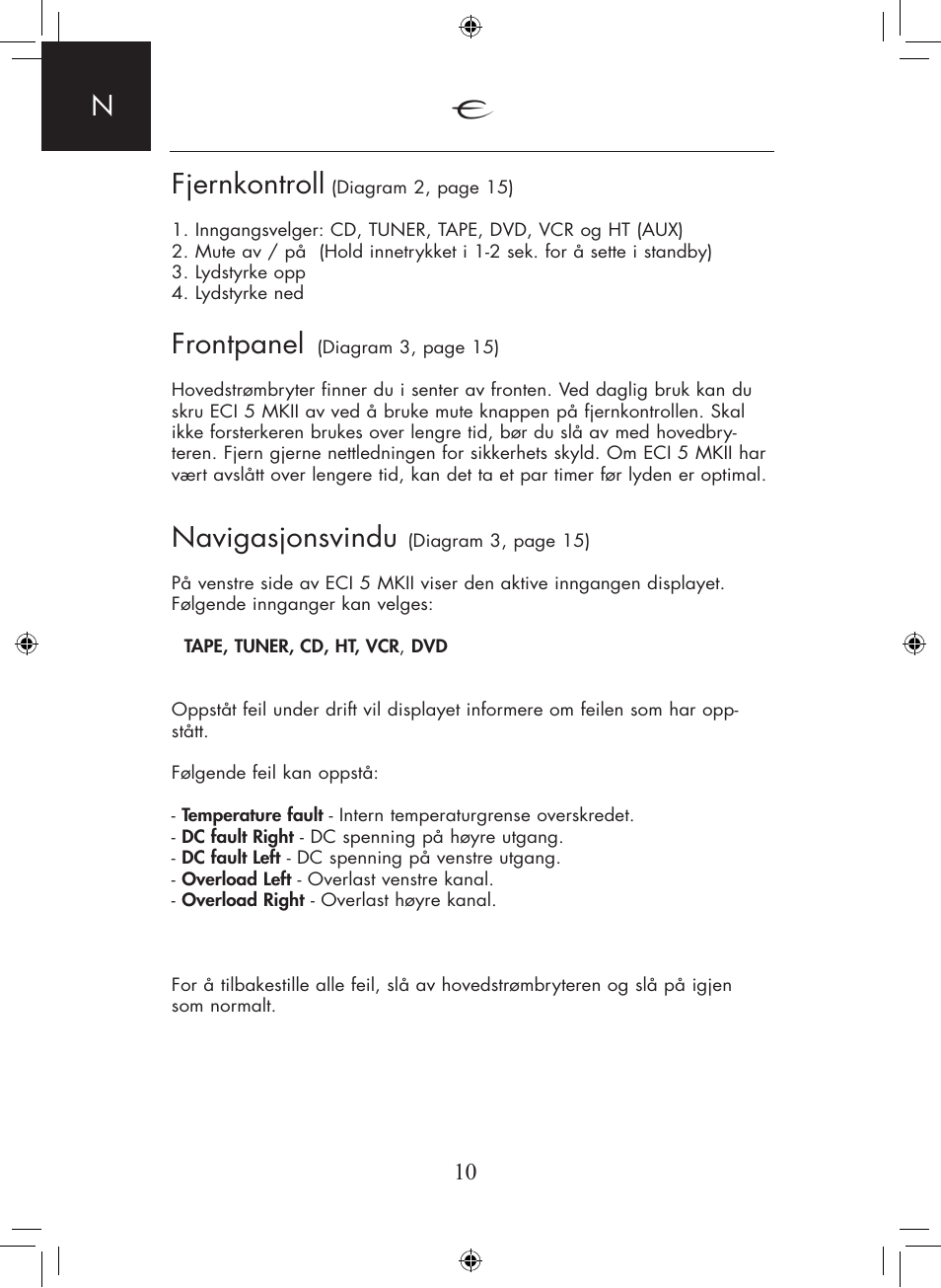 Fjernkontroll, Frontpanel, Navigasjonsvindu | Electrocompaniet ECI 5 MKII User Manual | Page 10 / 16