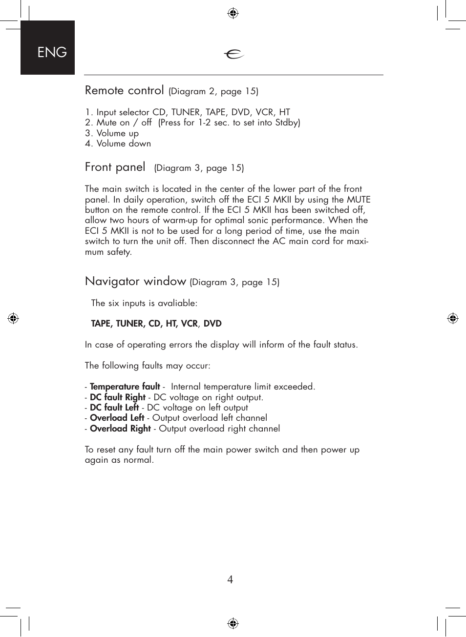 4remote control, Front panel, Navigator window | Electrocompaniet ECI 5 MKII User Manual | Page 4 / 16