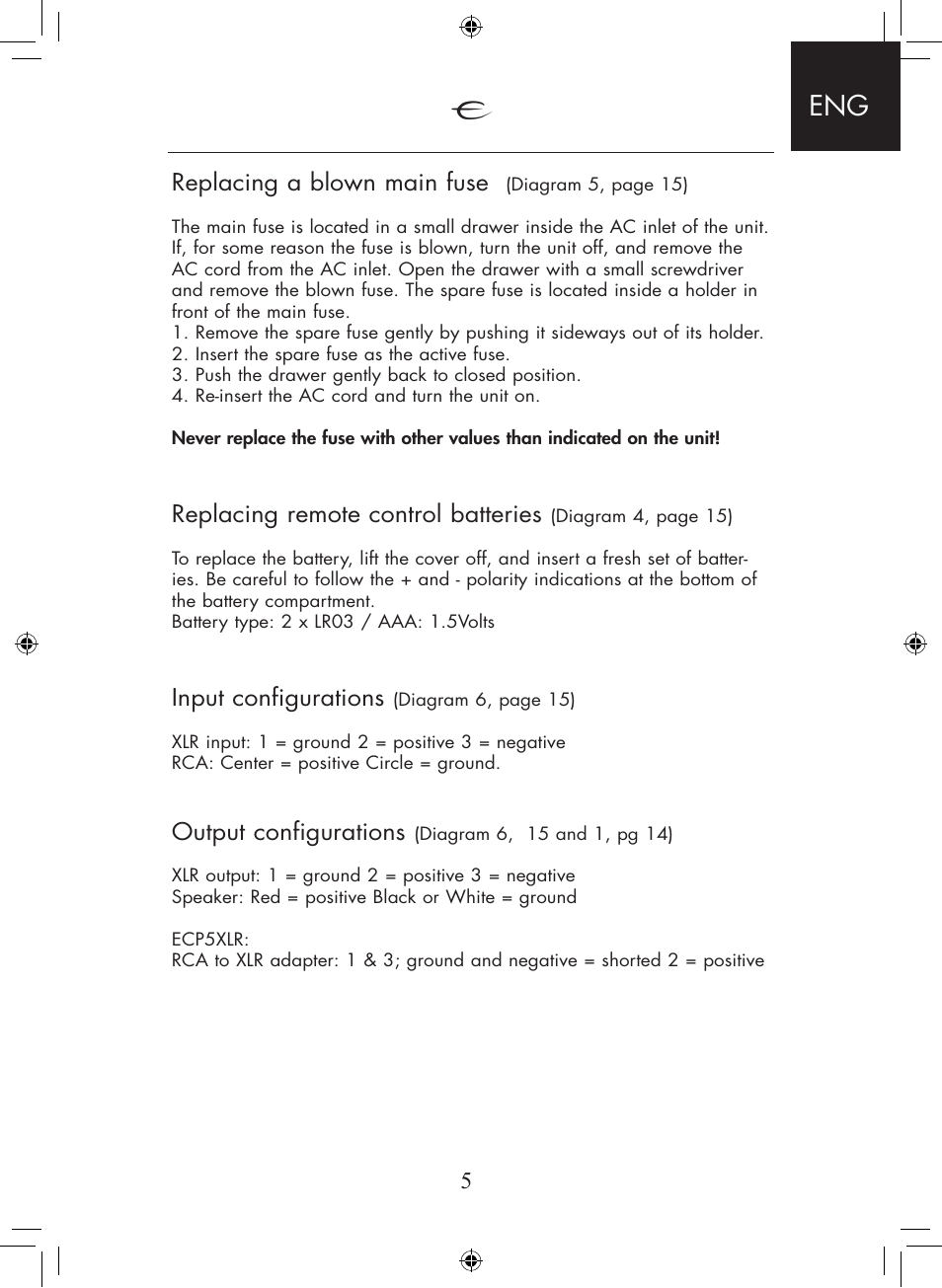 5replacing a blown main fuse, Replacing remote control batteries, Input configurations | Output configurations | Electrocompaniet ECI 5 MKII User Manual | Page 5 / 16