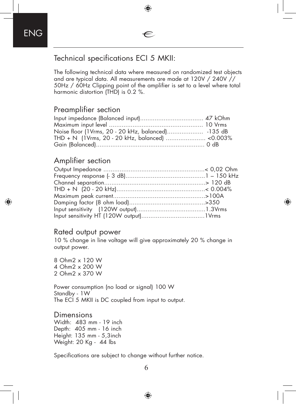 6technical specifications eci 5 mkii, Rated output power, Dimensions | Electrocompaniet ECI 5 MKII User Manual | Page 6 / 16