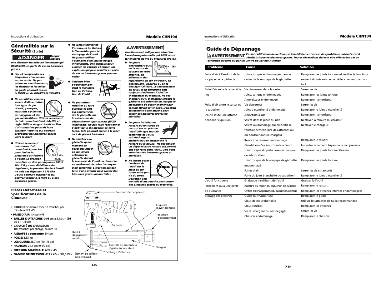 Guide de dépannage, Danger, Généralités sur la sécurité | Campbell Hausfeld CHN104 User Manual | Page 10 / 12
