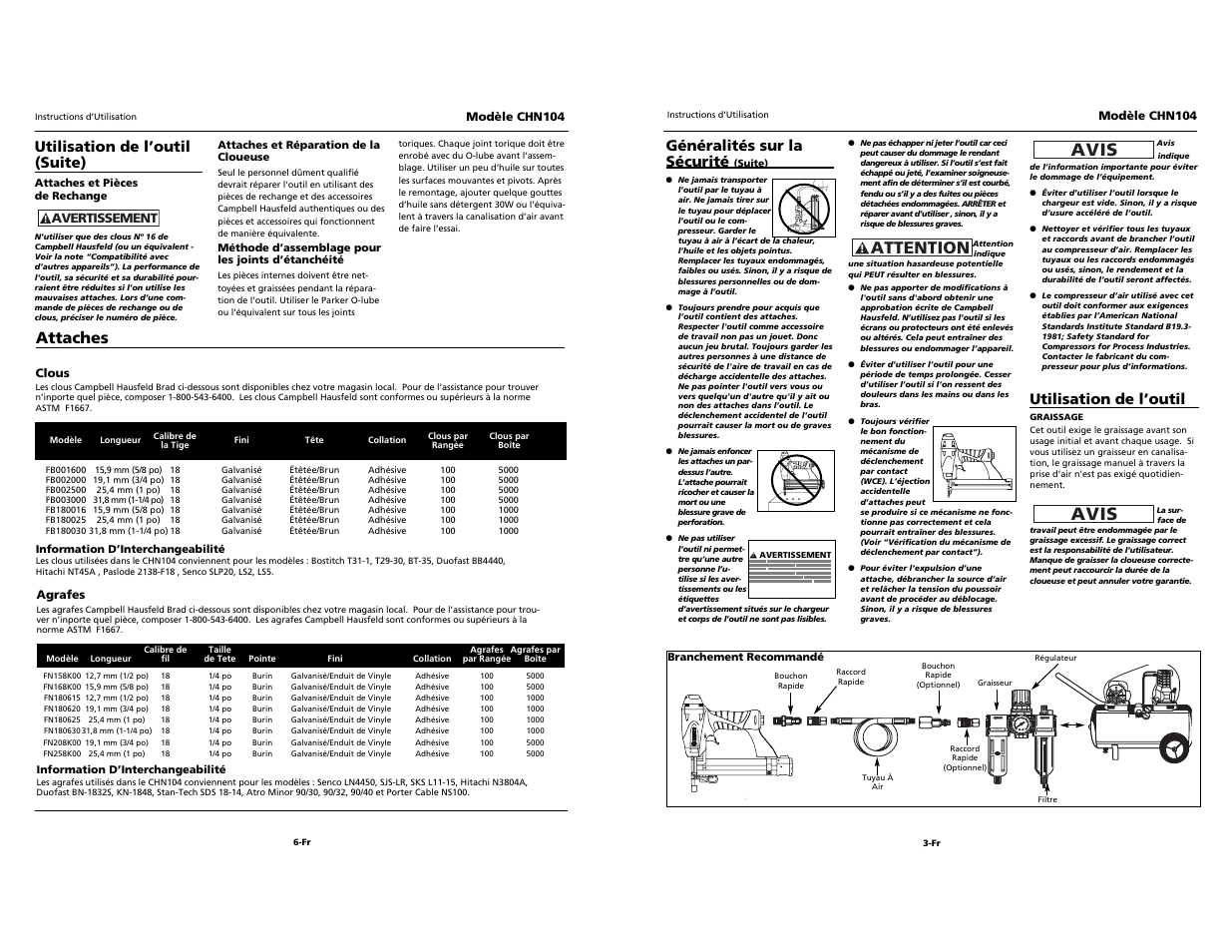 Avis, Attention, Attaches | Utilisation de l’outil (suite), Généralités sur la sécurité, Utilisation de l’outil | Campbell Hausfeld CHN104 User Manual | Page 11 / 12