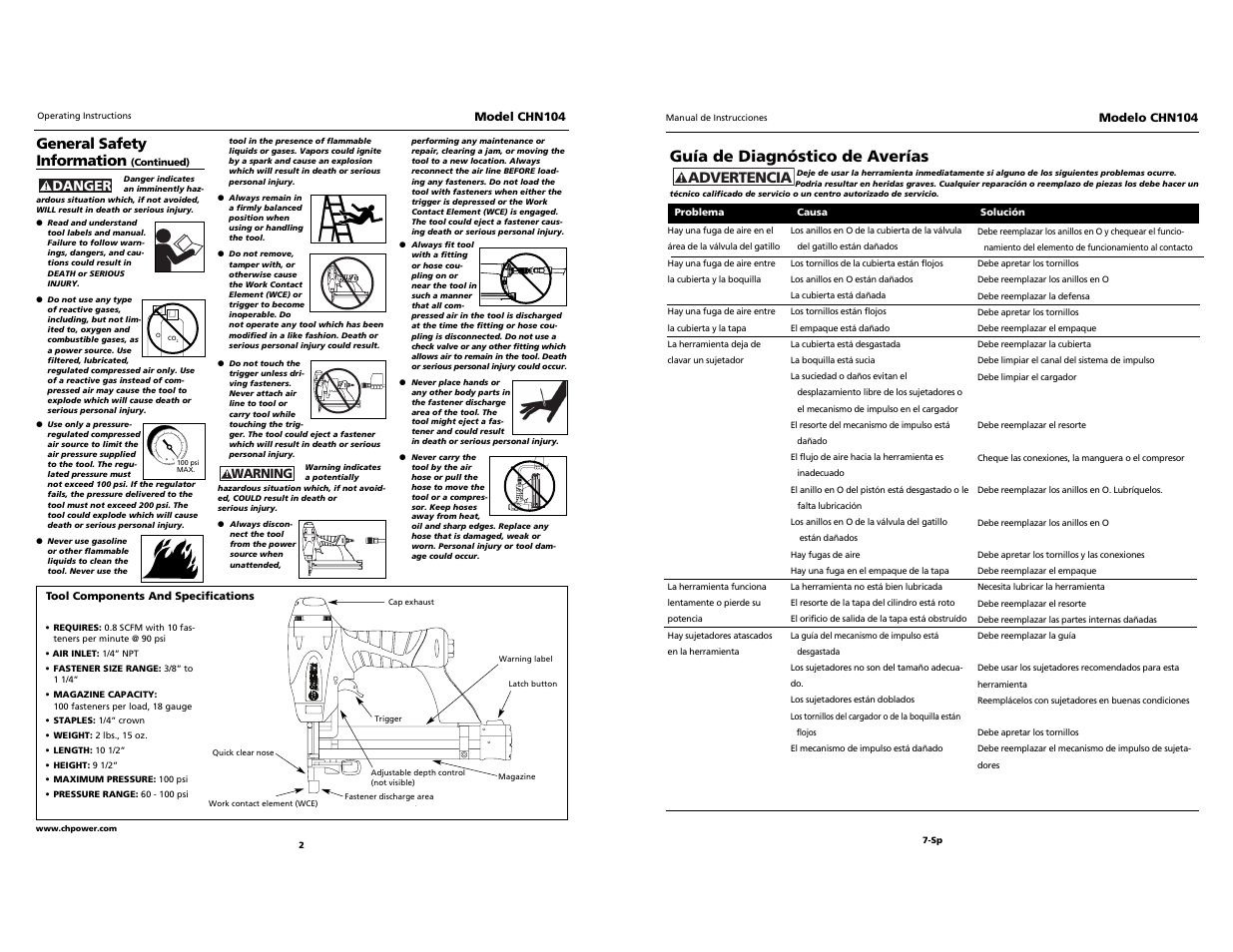 Guía de diagnóstico de averías, Advertencia, General safety information | Campbell Hausfeld CHN104 User Manual | Page 2 / 12