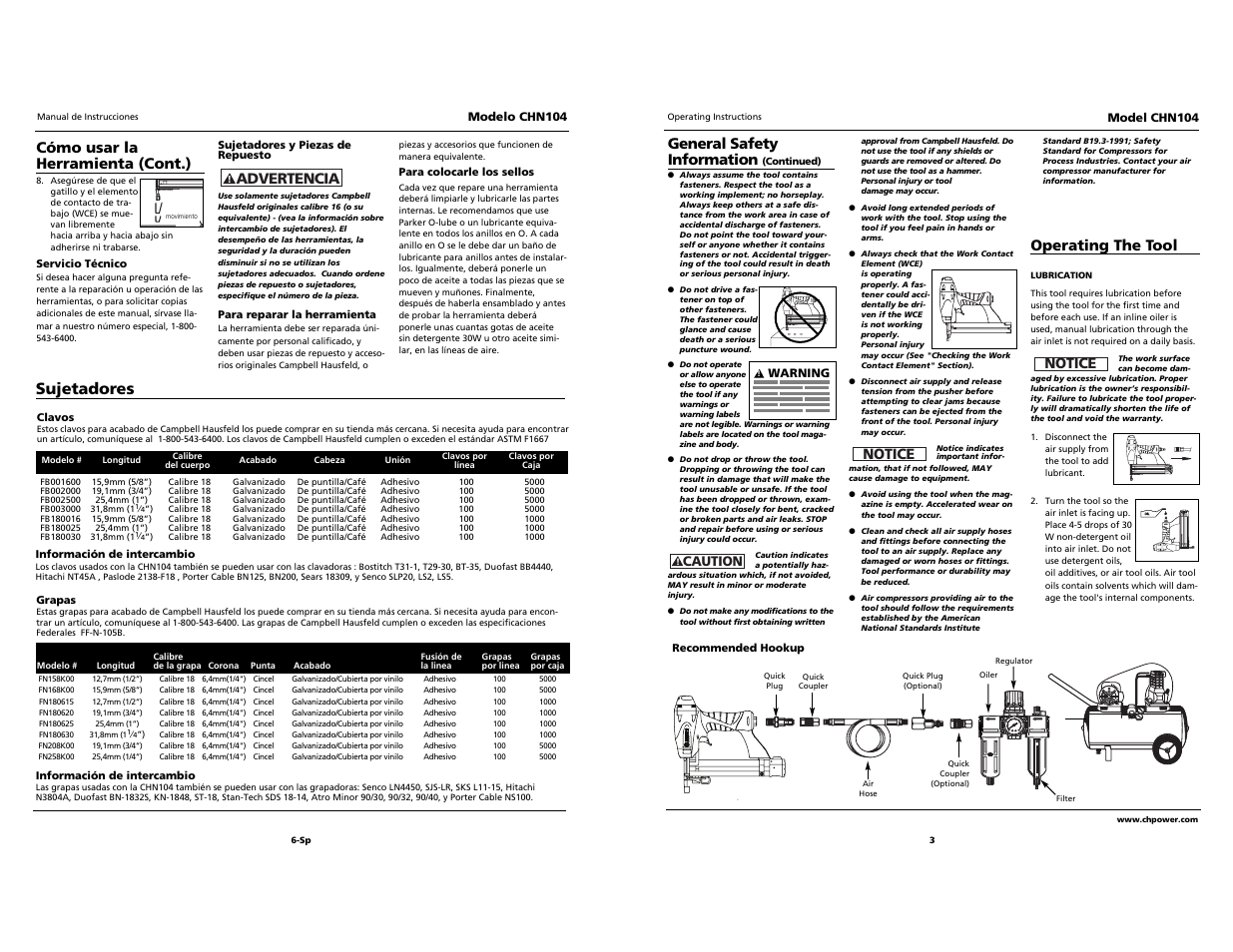 Sujetadores, Cómo usar la herramienta (cont.), Advertencia | General safety information, Operating the tool, Notice | Campbell Hausfeld CHN104 User Manual | Page 3 / 12