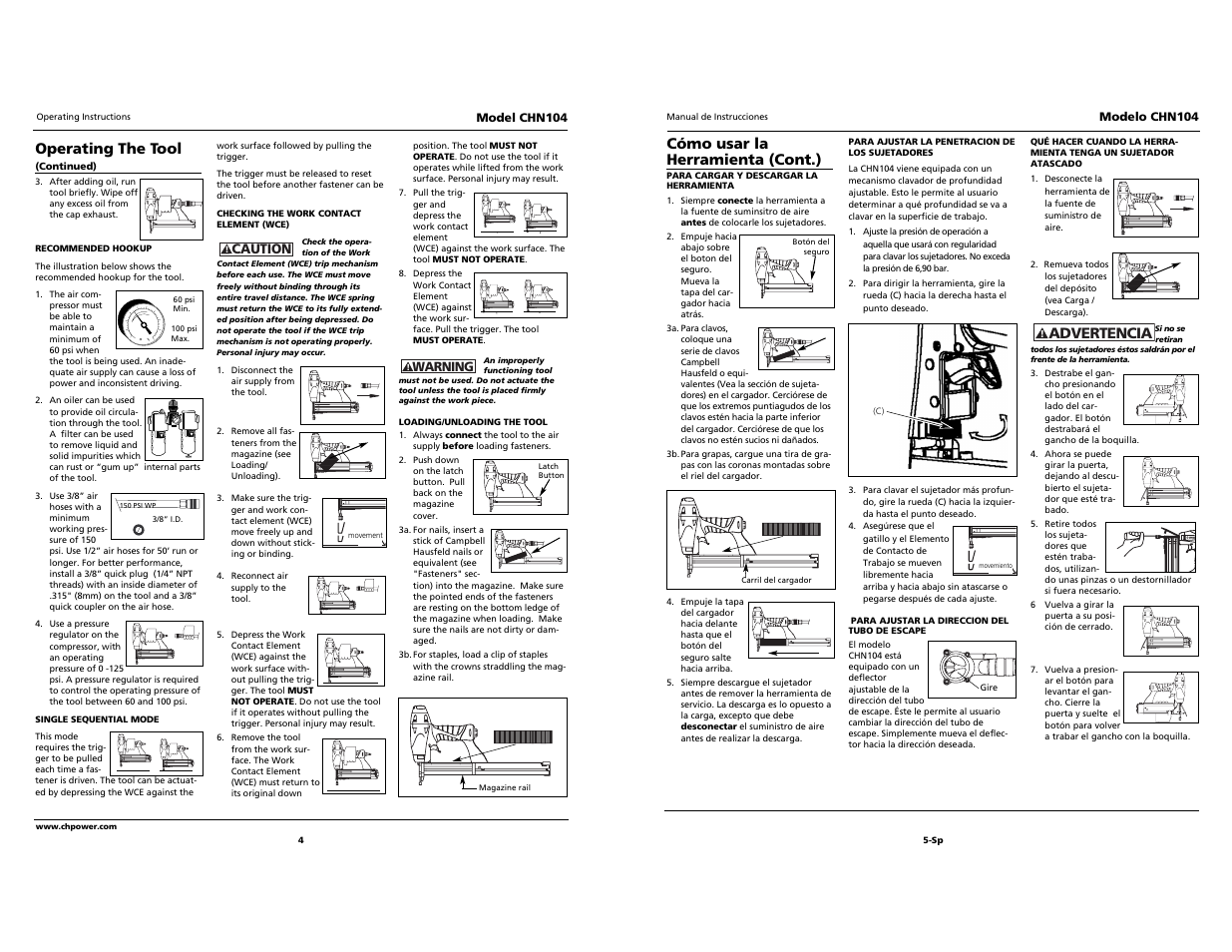 Built to last, Operating the tool, Cómo usar la herramienta (cont.) | Advertencia | Campbell Hausfeld CHN104 User Manual | Page 4 / 12