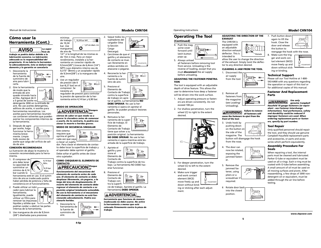 Aviso, Built to last, Precaucion | Advertencia cómo usar la herramienta (cont.), Operating the tool, Advertencia | Campbell Hausfeld CHN104 User Manual | Page 5 / 12