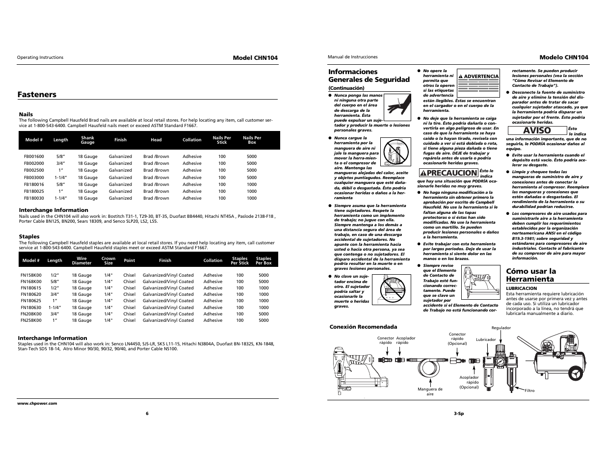 Aviso, Precaucion, Fasteners | Cómo usar la herramienta | Campbell Hausfeld CHN104 User Manual | Page 6 / 12