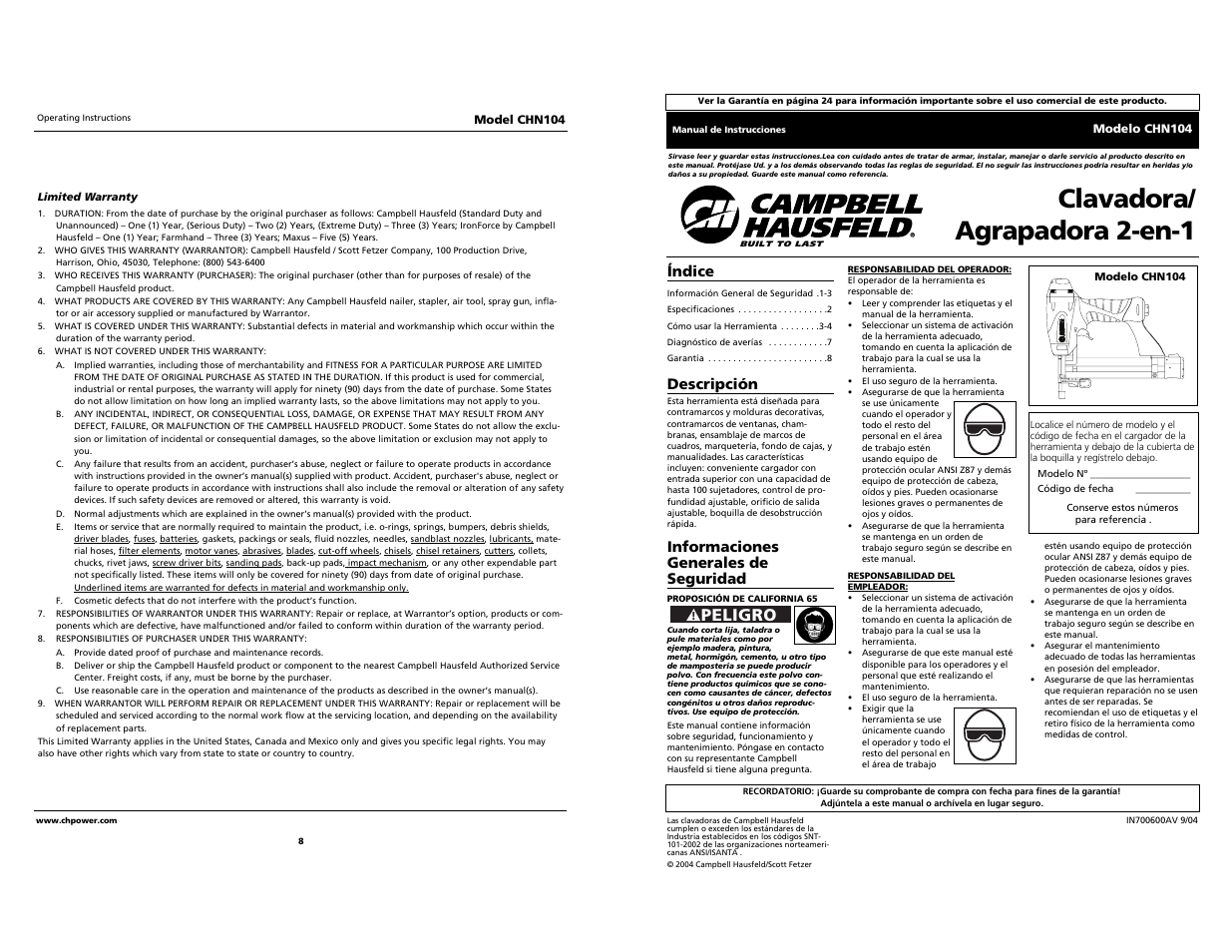 Clavadora/ agrapadora 2-en-1, Peligro | Campbell Hausfeld CHN104 User Manual | Page 8 / 12