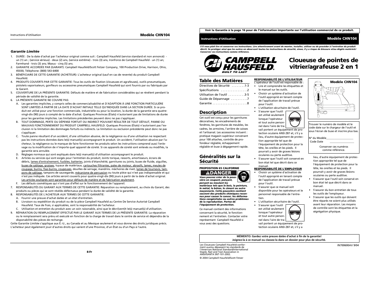 Cloueuse de pointes de vitrier/agrafeuse 2 en 1, Danger | Campbell Hausfeld CHN104 User Manual | Page 9 / 12